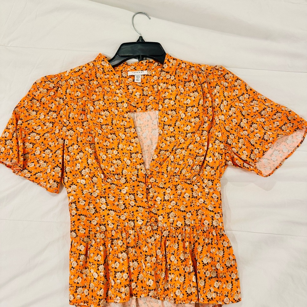 Topshop Orange Short Sleeve Blouse with Smocked Peplum Size Large - 6